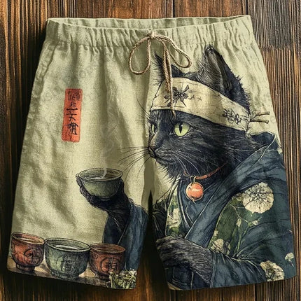 Men's Board Shorts Men Short Cartoon Samurai Cat Drink Animal 3d Hawaiian Beach Short Swim Trunk Swimsuit Sports Pant Boy Brief