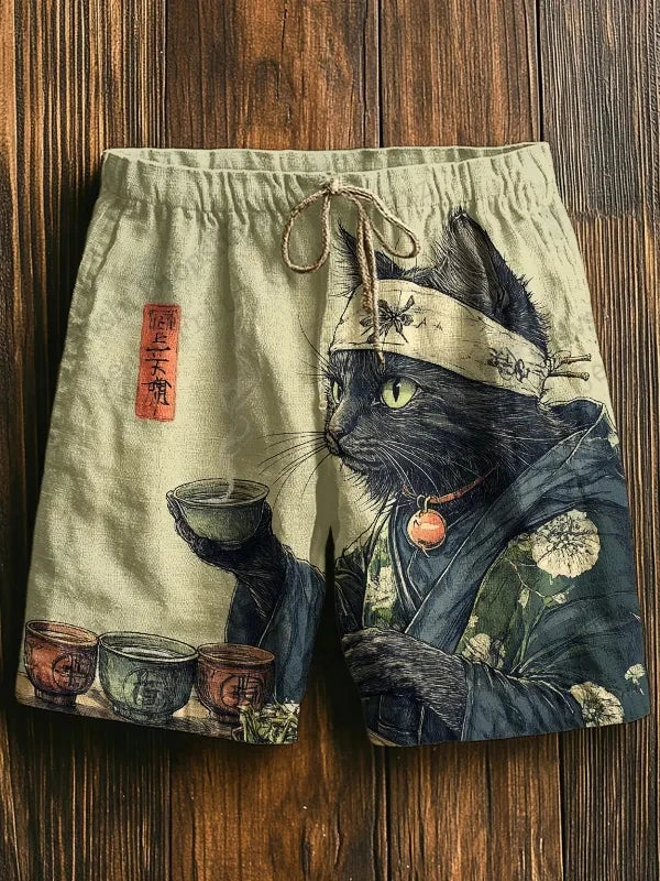 Bermudas para hombre Pantalones cortos de hombre con estampado de gato samurái de dibujos animados, bebida animal, 3D, hawaianos, para la playa, bañador, pantalón deportivo, calzoncillo para niño