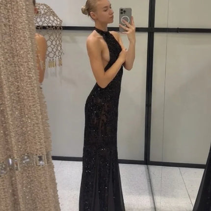 Elegant Sequin Shiny Halter Long Dress Fashion Sexy See Through Sleeveless Backless Slim Fit Gown NEW Lady Evening Party Outfit
