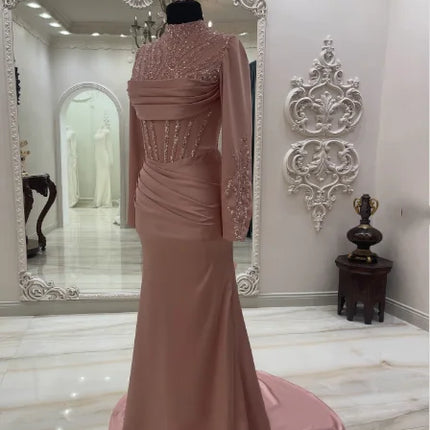 Florettarobe Sequins High Collar Evening Dresses Full Sleeves Satin Prom Gowns for Women Mermaid  Party Dress Long Customized