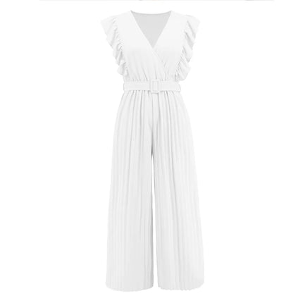 Women's Jumpsuit Long Pants Flying Sleeve V-neck High Waist Belt Cropped Fold Pants Solid Color Temperament Fashion Women's Wear
