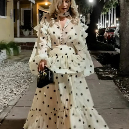 Polka Dot Skirt 2 Piece Set Women Casual High Collar Tie Full Sleeves Elastic High Waist Long Skirt Suit Lady Daily Outfit New