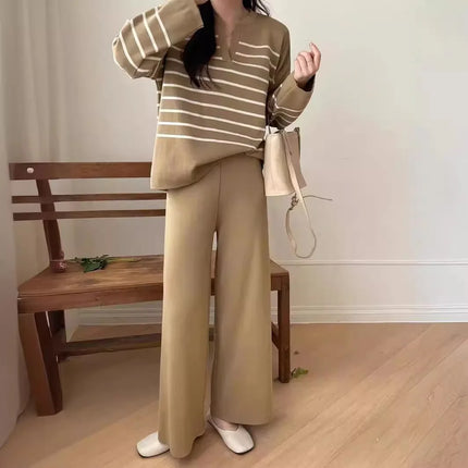 Women Two Piece Set Striped Knit Tops V Neck Full Sleeve Loose Casual Pullover Wide Leg Pants High Waist Elegant Autumn Winter