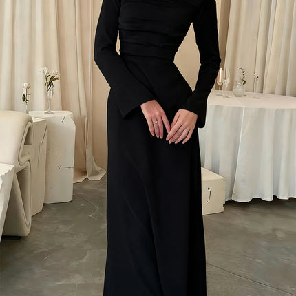 Temperament Women Long Sleeve Party Maxi Dresses Fashion Square Collar Pleated Evening Dress White Slim High Waist Banquet Dress