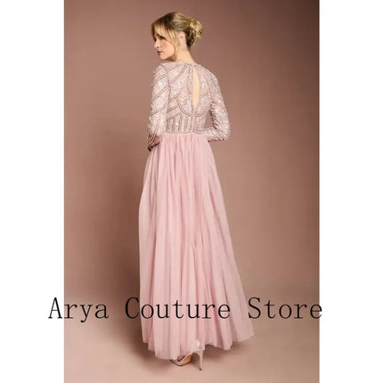 2026 Customized New Blush Pink Beaded Maxi Dress Women Long Sleeve Tulle Flowy Party Dress Elegant Wedding Guest Evening Gown