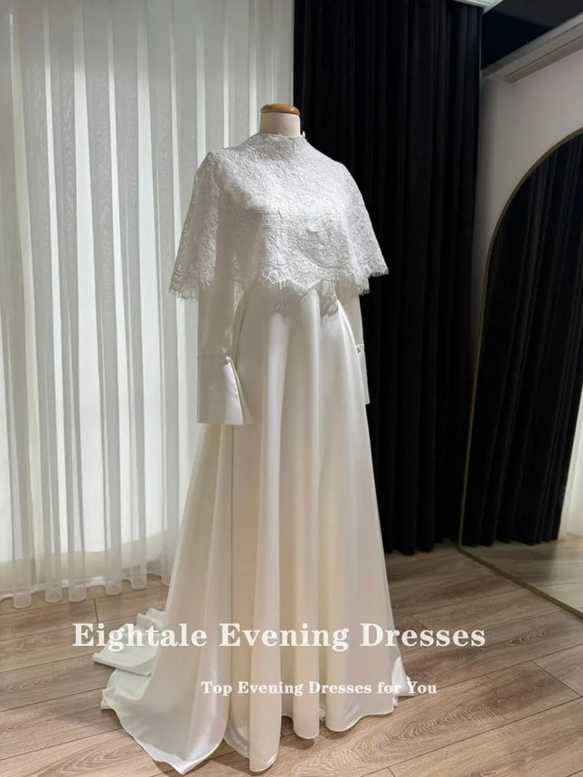 Eightale Vintage Hochzeitskleid Hoher Ausschnitt Lange Ärmel Spitze Maßgeschneidertes Elfenbein Satin Brautkleid Brautpartykleid Vestido De Novia
