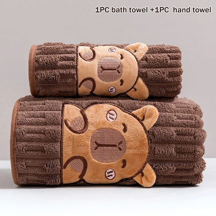 ✰✪Cute 2pc Capybara Face Towel Set, Extra Soft Coral Fleece, 34x74 Inch Towel And 70x140 Inch Bath Towel