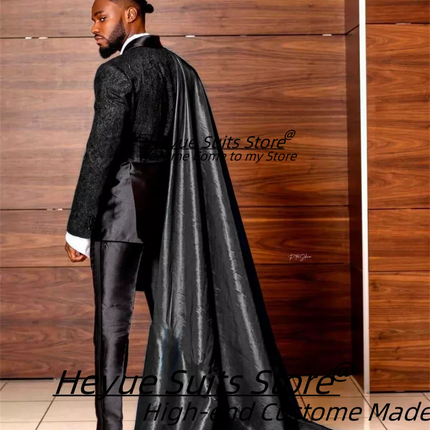 Customized Black Jacquard Shawl Lapel Jacket Pant Cape Groom Wedding Tuxedos Luxuly Male Prom Party Blazers Handsome Ropa Hombre