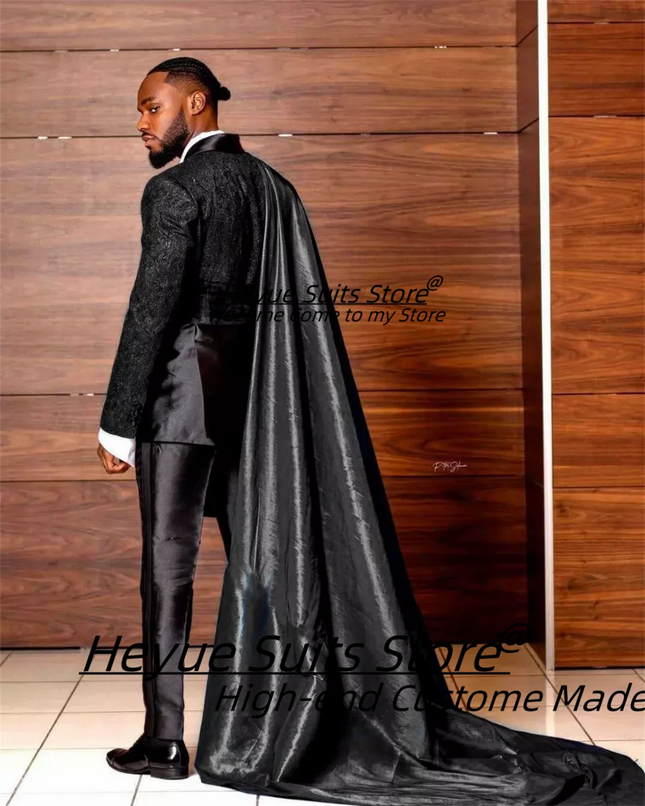 Traje de Novio Jacquard Negro con Solapa de Pico, Pantalón y Capa, Esmoquin de Boda de Lujo para Hombre, Blazers Elegantes para Fiesta de Graduación, Ropa Hombre