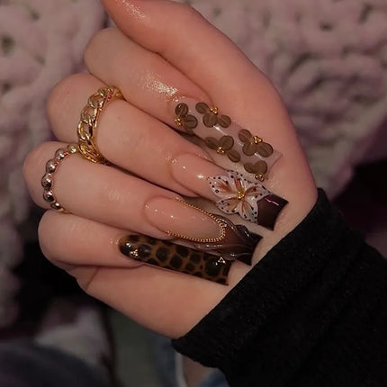 24Pcs Brown Long Coffin False Nails Glitter Ballet Wearable with French Design Fake nails Full Press on Nail Ins Nail Tips Art