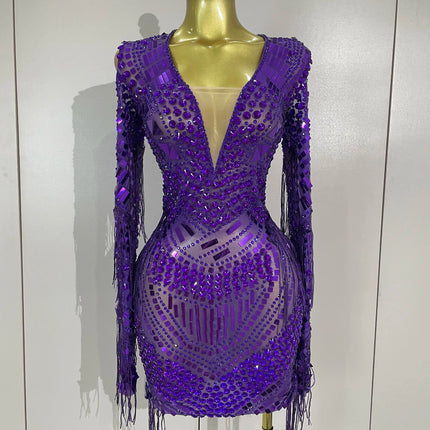 New Sparkly Diamonds Sequin Tassels Sexy Mesh Short Dress Women Evening Party Celebrate Birthday Nightclub Show Photo Shoot Wear