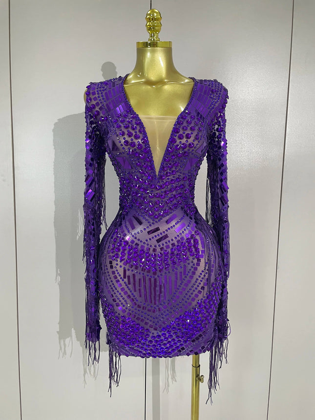 Neues glitzerndes Diamanten-Pailletten-Fransen-Kleid, sexy, aus Mesh, kurz, für Damen, Abendparty, Feier, Geburtstag, Nachtclub, Show, Fotoshooting