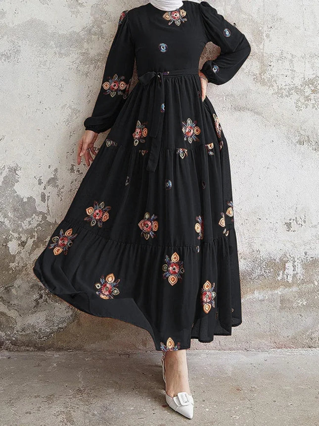 Eid Muslimische Abayas für Damen Kleid Blumenstickerei Langarm Dubai Langes Gewand Partykleid Vestidos Abaya Herbst Vestidos 2024
