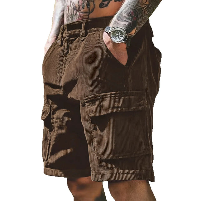 Pantalones cortos casuales de pana para hombre, de verano, color sólido, bolsillos múltiples, estilo safari, sueltos, a la moda, rectos, deportivos, hasta la rodilla.