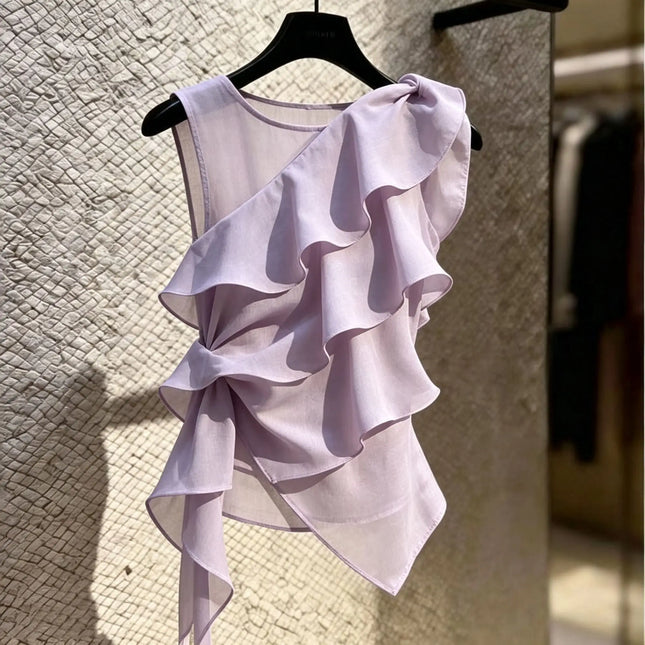 2026 Neue Sommer modische Patchwork einfarbige Rundhals ärmellose Bluse Damen Bürodame Schlichtheit Rüschen Pullover Tops