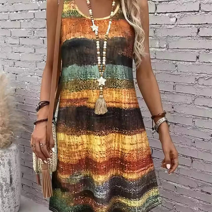2025 New Fashion Women's Dress Casual Beach Round Neck Sleeveless Loose Dress Summer Women's Vest Striped Print Dress Sundress