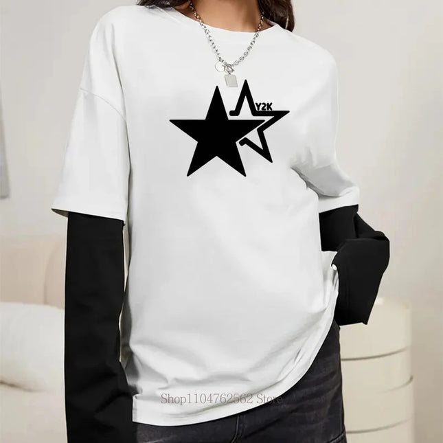 Damen Star Y2K Print Grafik Fake Two Langarm T-Shirts Mode Gothic Retro Lässige Loose Fake Two Langarm T-Shirts