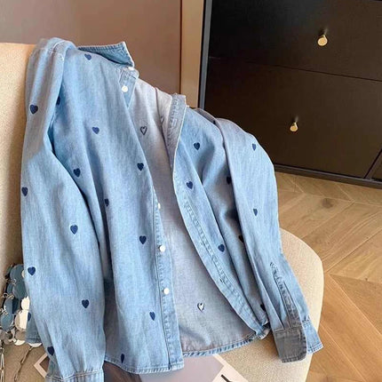 American Retro Blue Soft Denim Shirt Women's Spring Autumn Heart Print Thin Coat Casual Versatile Loose Long Sleeve Top Shirt