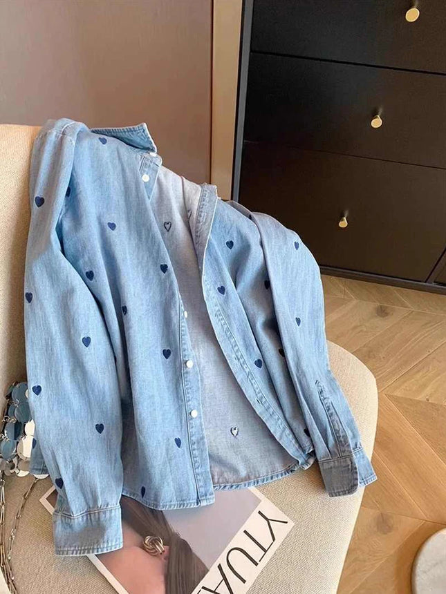 Amerikanisches Retro Blaues Weiches Jeanshemd Damen Frühling Herbst Herzprint Dünner Mantel Lässiges Vielseitiges Lockeres Langarm-Oberteil Hemd