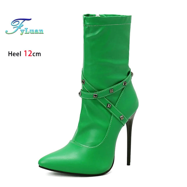 12CM Ultra High Heel Pointed Toe Stiletto Boots Women Ankle Boots Fashion Rivet Band T Show Short Booties Winter Female Shoes