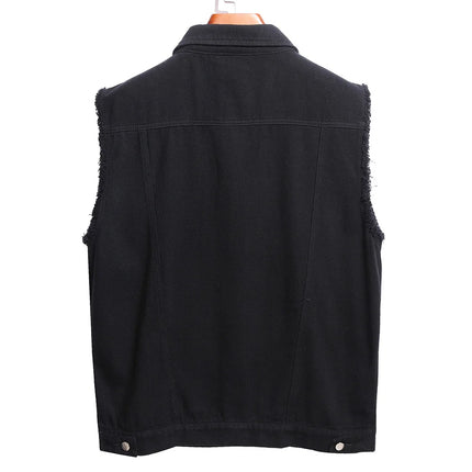 Men's Black Denim Vest Holes Ripped Cotton Waistcoat Fringe Sleeveless Lapel Collar Coat Top Outerwear
