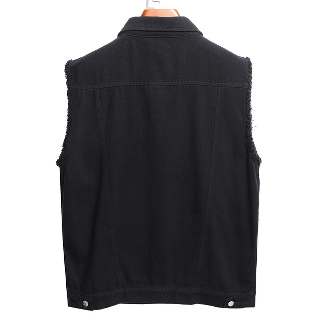 Chaleco vaquero negro para hombre con agujeros, deshilachado, de algodón, sin mangas, con cuello de solapa, abrigo superior, ropa de abrigo