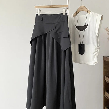 Frence Women Skirts Patchwork Irregular Design Dark Gray A-line Elegant High Waist Long Skirt Summer Fashion Young Office Lady