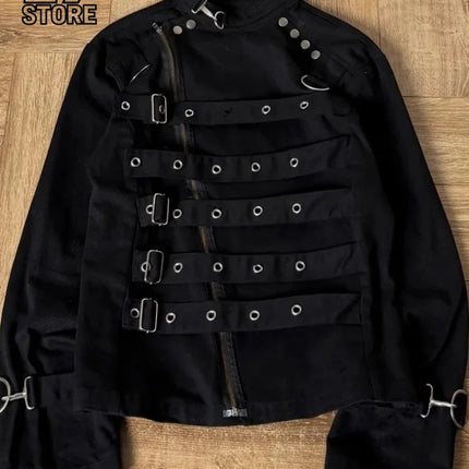 Mens Jacket Dark Streetwear Strap Cargo Coat Harajuku Unisex Cropped Fit Metal Buckle Stand Collar Fashion Trend Arrival Coat