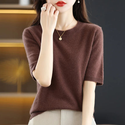 Short-sleeved Knitwear O-neck T-shirt Wool Cotton Blend Pullover Vest Sprig Summer Bottoming Tops Sweater