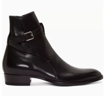 Black Buckle Genuine Leather Ankle Boots for Men Low-heeled Western Boots Safety Shoes Man for Work Handmade Winter Desert Boots