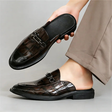 Summer Fashion New Men's Brown Half Slippers Metal Button Patent Leather Shoes Male Casual Mules Moccasins Breathable Loafers