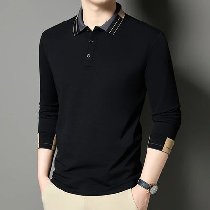 New Men's Business Casual Long Sleeved Shirt Solid Color Polo Shirt Fashionable Breathable Comfortable Versatile Top