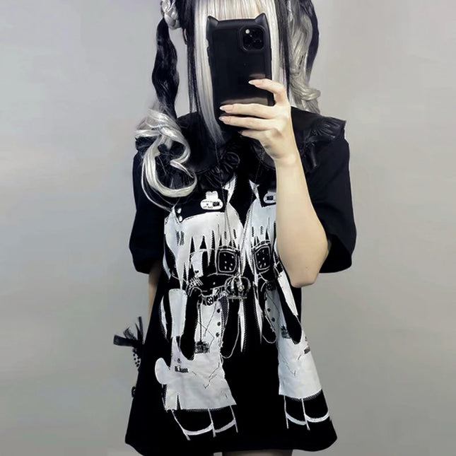 Y2K Damenbekleidung geheimnisvolle Kurzarm Schwarze Tops Cool Süße Subkultur Rundhals T-Shirt 2000er Harajuku Punk Japanische T-Shirts Tops