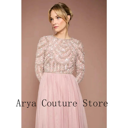2026 Customized New Blush Pink Beaded Maxi Dress Women Long Sleeve Tulle Flowy Party Dress Elegant Wedding Guest Evening Gown