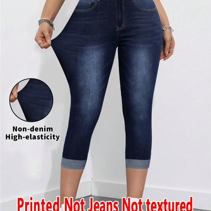 2007 [Printed Pants - Not Denim Fabric] Printed Legging - Not Denim Fabric Women's Imitation Denim Capri Pants Summer Blue