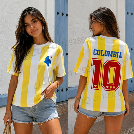 Colombia Inspired Striped Daisy Mesh Jersey Shirts Fashion Leisure Vacation Tee Street Top Summer Women'S Football T-Shirt