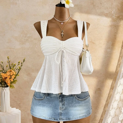 Women Sweetheart Neck Drawstring Ruched Peplum Cami Top Polka Dot Print Sleeveless Casual Camisole Outfit