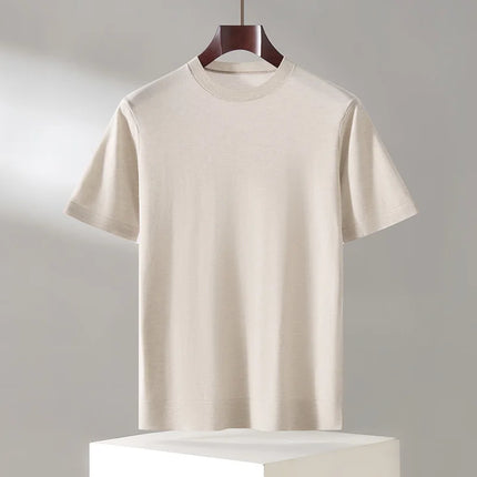 100% Lyocell Men's T-Shirt Casual Solid Color Knitted Pullover Short-Sleeved Loose Round Neck Tees Pull Vest Tops