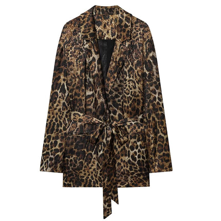 HXAO Leopard Pants Sets 2 Piece Set Vintage Long Blazer Jacket Two Piece Set Autumn Formal Women Pants Suit Belt Women's Set