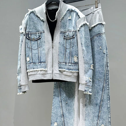 Fashion Casual Men's Denim Patchwork Jacket Set Loose Zipper Jackets Coat High Waist Wide Leg Pants Two-Piece Set Mens Autumn