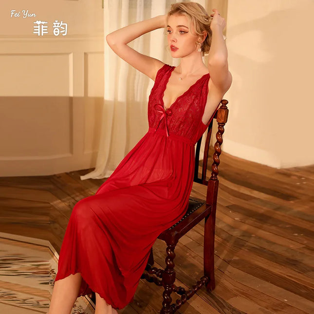 Mädchen Nachthemd aus transparentem Mesh, langes, sexy Nachthemd mit Jacquard-Spitzenbesatz, verspieltes Haus- und Lounge-Set für Damen