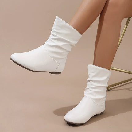 Short Boots Women's White New Pleated Women's Boots Flat Bottomed Versatile Woman Boots Large Size Woman Booties