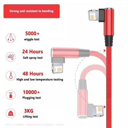 90 Degree USB Cable For iPhone 14 13 12 11 Pro Max X XR 6s 7 8 Plus 2m 3m Lead Mobile Phone Fast Charging Cord - product imag