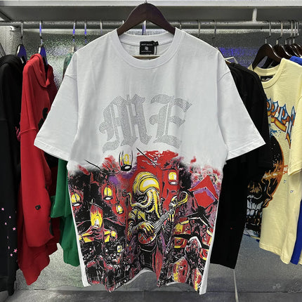 Fashion Brand Mixed Emotion Embroidery Rhinestone American Streetwear Angel Print Hot Diamond Top Tee Men Women Loose T shirts