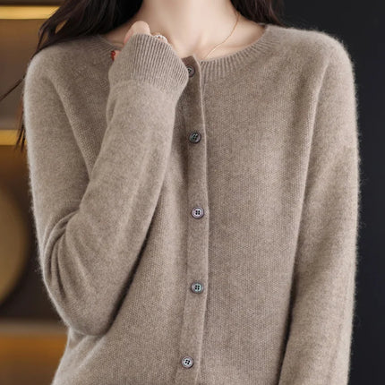 New Fashion Spring 100% Merino Wool Womens O-neck Cardigan Cashmere Sweater 2024 Female Clothing Grace Knitwear Korean Tops