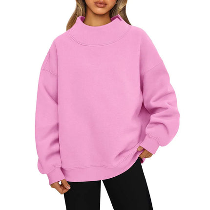 Casual Commuter Comfort Pullover Loose-Fit Solid-Color Half-High Neck Crew Neck Sweatshirt Top
