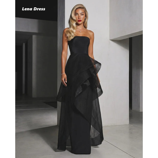 Lena Abendkleider Elegantes Kleid für Damen Luxuriöse Damen-Abendkleider A-Linie Ärmellos Maßgeschneidert Schwarz Mehrlagig Party