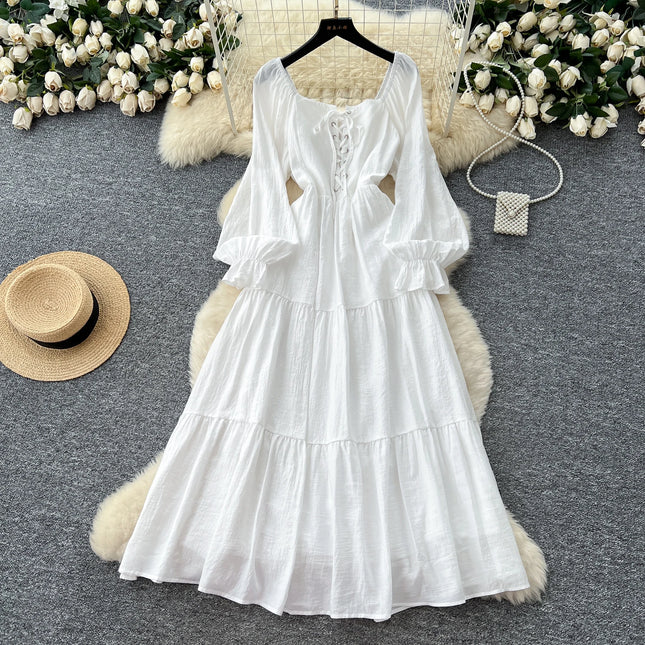 OCEANLOVE Damenkleider Laternenärmel Quadrathals-Verbandkleider für Damen Solid Korean Fashion Retro Süßes langes Kleid