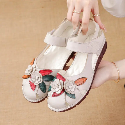 Size 42 Flat Heel Genuine Leather Sandals Woman Summer Hollow Out Shoes Mom Women's Retro Flower Orthopedic Sandals for Ladies