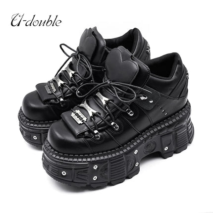 2026 New Punk Style Women Shoes Lace-up Heel Height 6CM Platform Shoes Woman Gothic Ankle Rock Boots Metal Decor Woman Sneakers